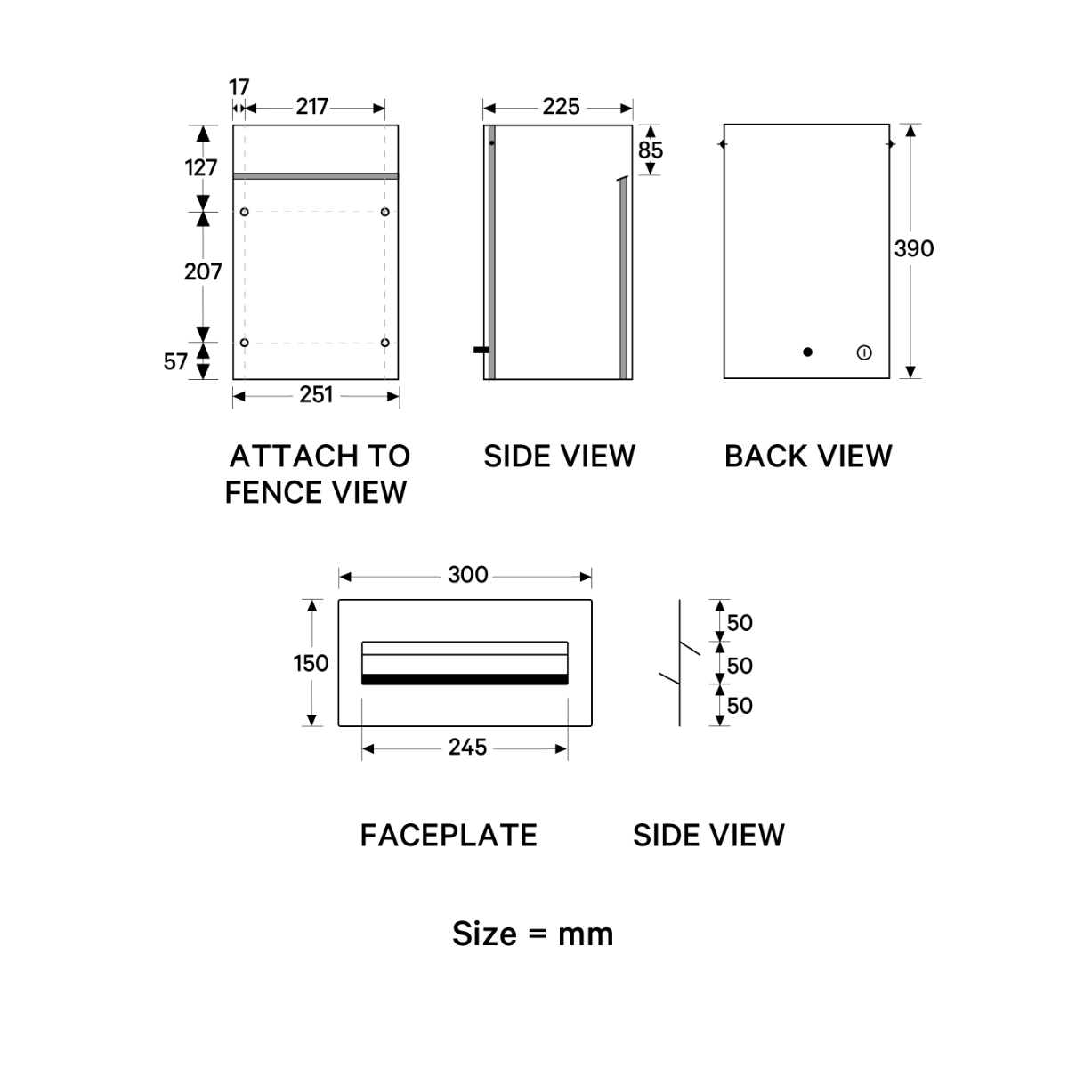 Behind the Fence Catcher - Black Faceplate Letterbox - Specs